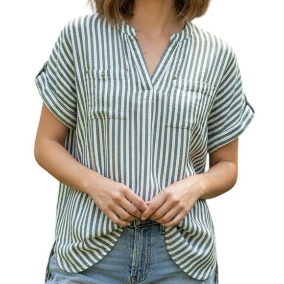 Jones New York Signature XL Grey White Striped Linen Blend Tunic V-Neck Top - Picture 1 of 15